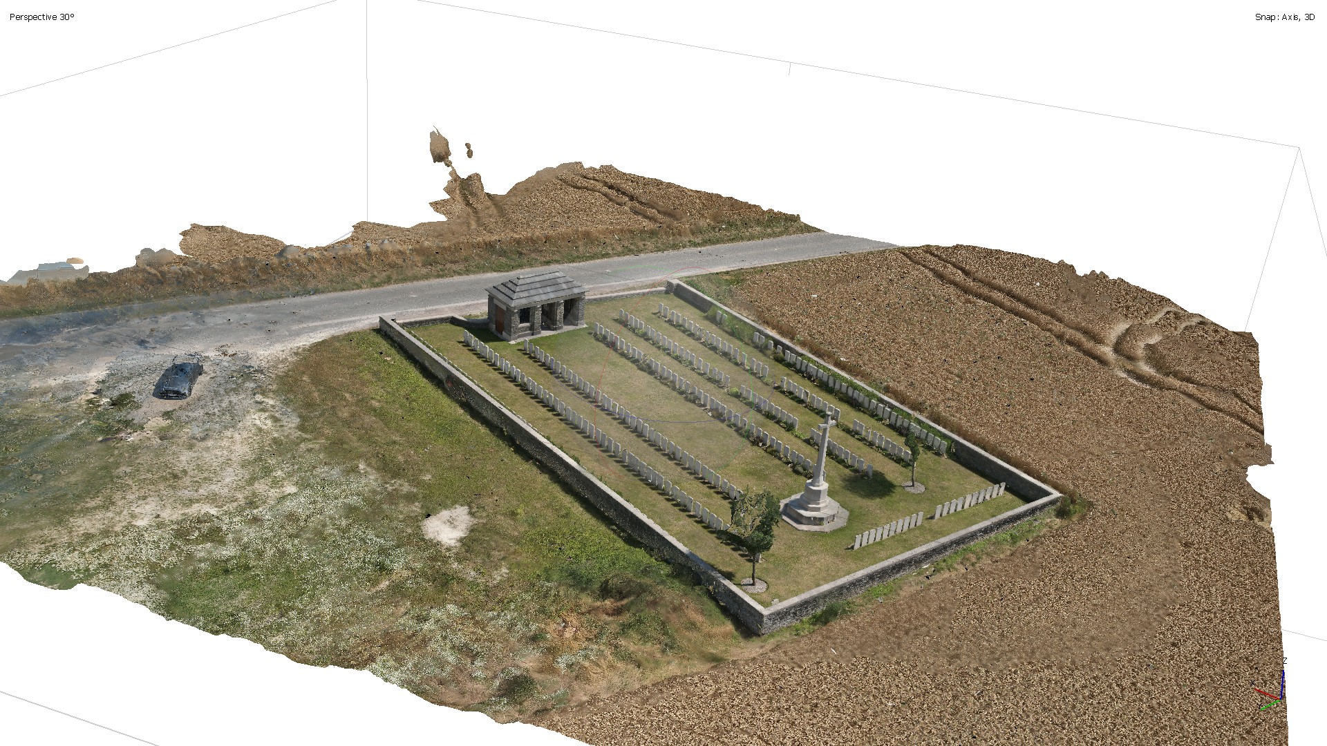 Vue de dessus du cimetière avec plusieurs mesures annotées : mur à 18,938 m, croix à 3,83 m